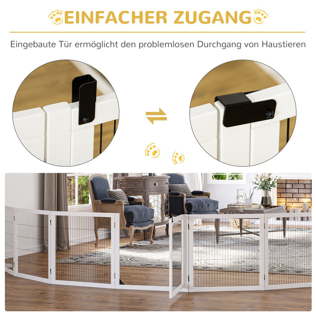 Dog barrier, adjustable safety gate with feet, 432 x 70 cm wooden dog gate, foldable stair gate, dog barrier for stairs, doors, hallway, 6 panels, white |