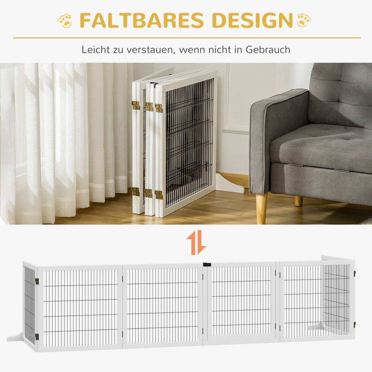 Dog barrier, adjustable safety gate with feet, 432 x 70 cm wooden dog gate, foldable stair gate, dog barrier for stairs, doors, hallway, 6 panels, white |