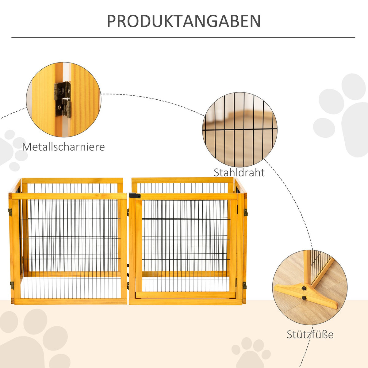 Dog barrier, adjustable safety gate with feet, 432 x 70 cm wooden dog gate, foldable stair gate, dog barrier for stairs, doors, hallway, 6 panels, yellow |