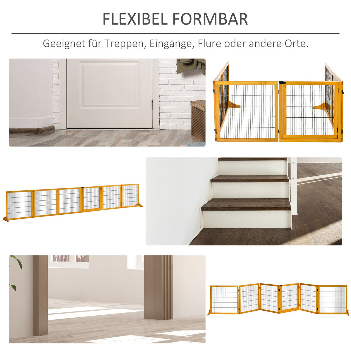 Dog barrier, adjustable safety gate with feet, 432 x 70 cm wooden dog gate, foldable stair gate, dog barrier for stairs, doors, hallway, 6 panels, yellow |