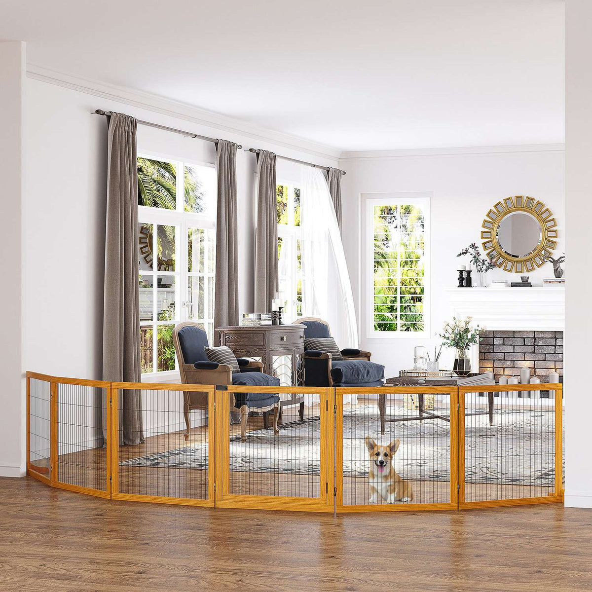Dog barrier, adjustable safety gate with feet, 432 x 70 cm wooden dog gate, foldable stair gate, dog barrier for stairs, doors, hallway, 6 panels, yellow |
