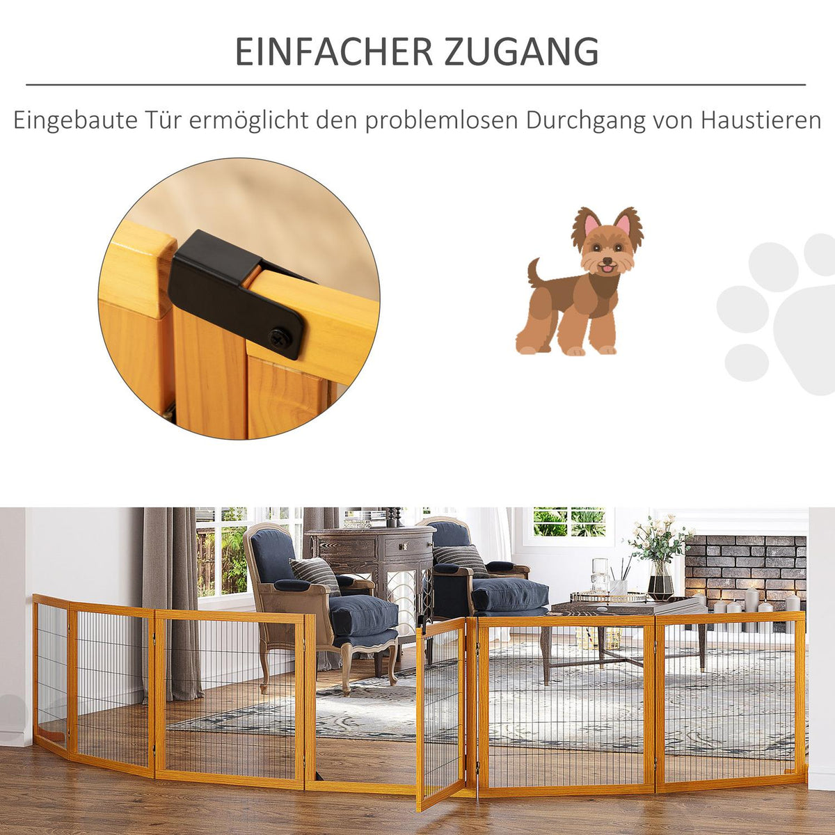 Dog barrier, adjustable safety gate with feet, 432 x 70 cm wooden dog gate, foldable stair gate, dog barrier for stairs, doors, hallway, 6 panels, yellow |