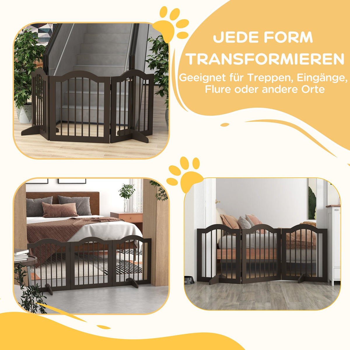 Dog barrier, foldable, dog gate, configuration gate, 3 parts with two support feet, stair gate, dog barrier, door protection gate, coffee, 154.5 x 29.5 x 61 cm
