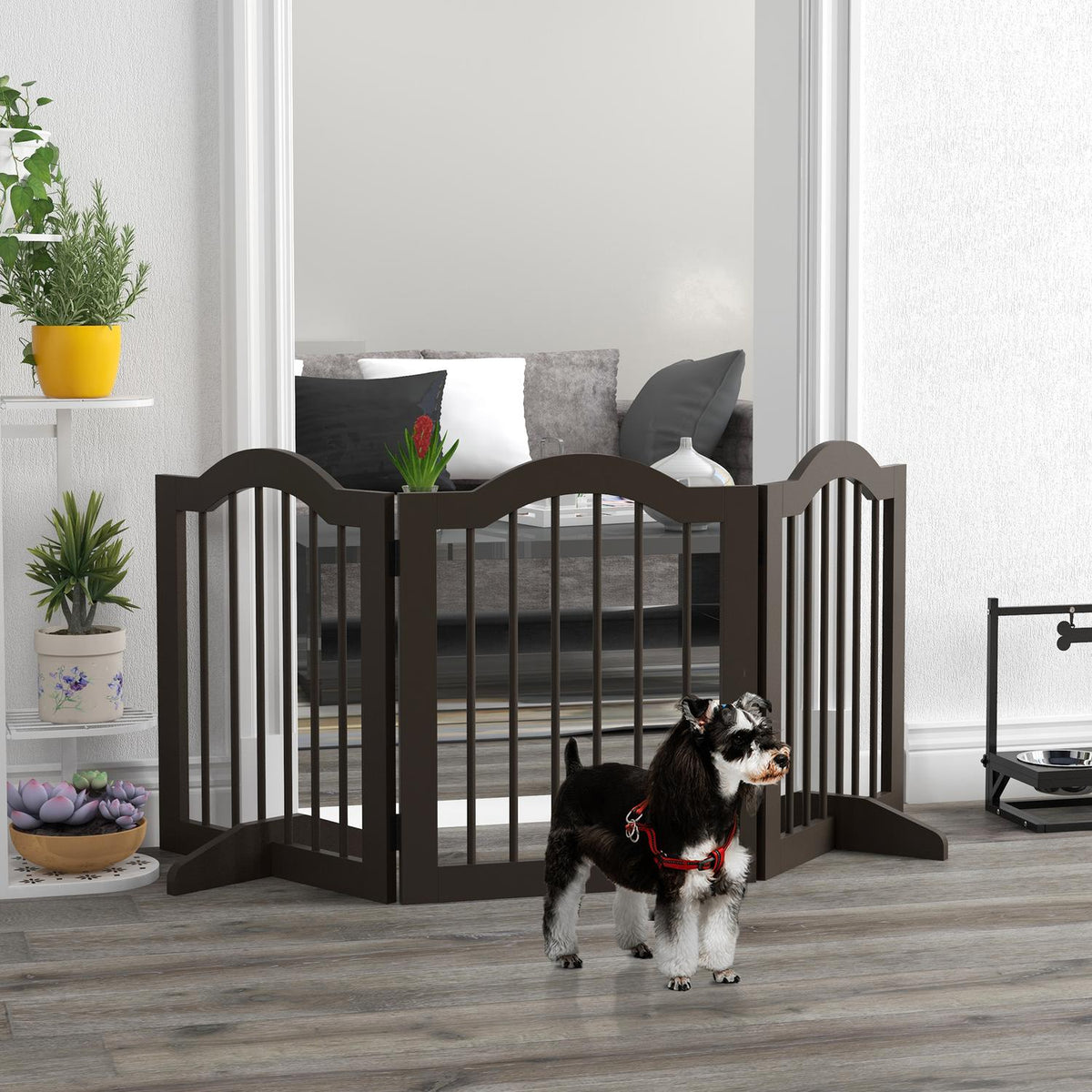 Dog barrier, foldable, dog gate, configuration gate, 3 parts with two support feet, stair gate, dog barrier, door protection gate, coffee, 154.5 x 29.5 x 61 cm
