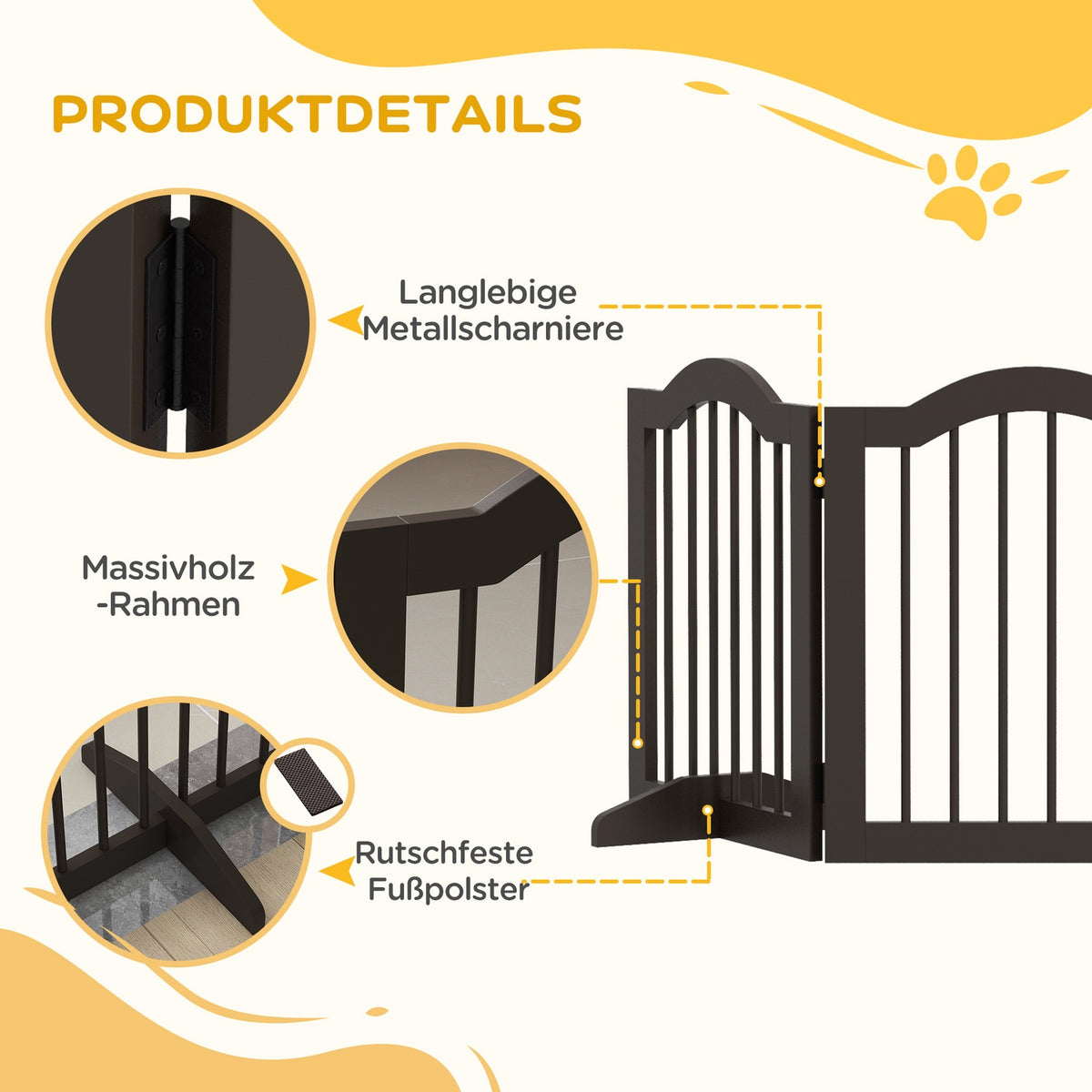 Dog barrier, foldable, dog gate, configuration gate, 3 parts with two support feet, stair gate, dog barrier, door protection gate, coffee, 154.5 x 29.5 x 61 cm