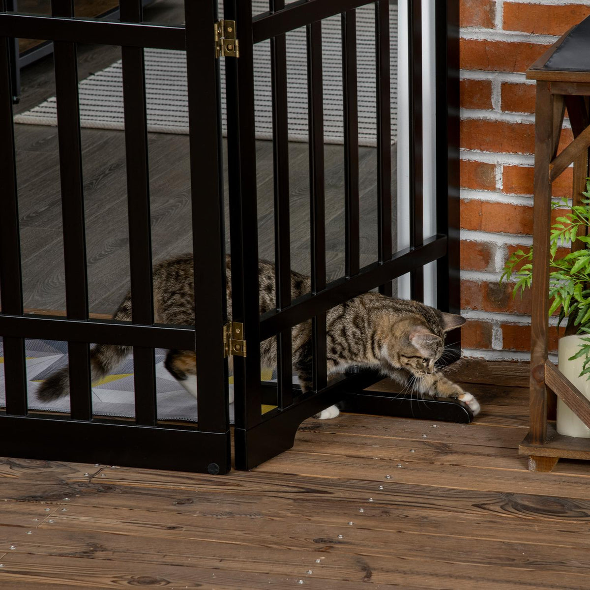 Dog barrier, foldable wooden door protection gate, free-standing dog gate, dog barrier with rubber buffer, black, 181x35x76 cm