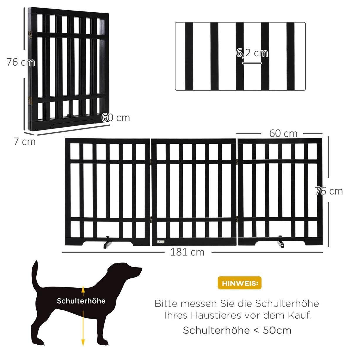 Dog barrier, foldable wooden door protection gate, free-standing dog gate, dog barrier with rubber buffer, black, 181x35x76 cm