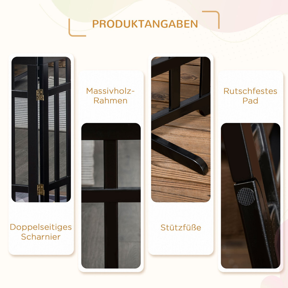 Dog barrier, foldable wooden door protection gate, free-standing dog gate, dog barrier with rubber buffer, black, 181x35x76 cm