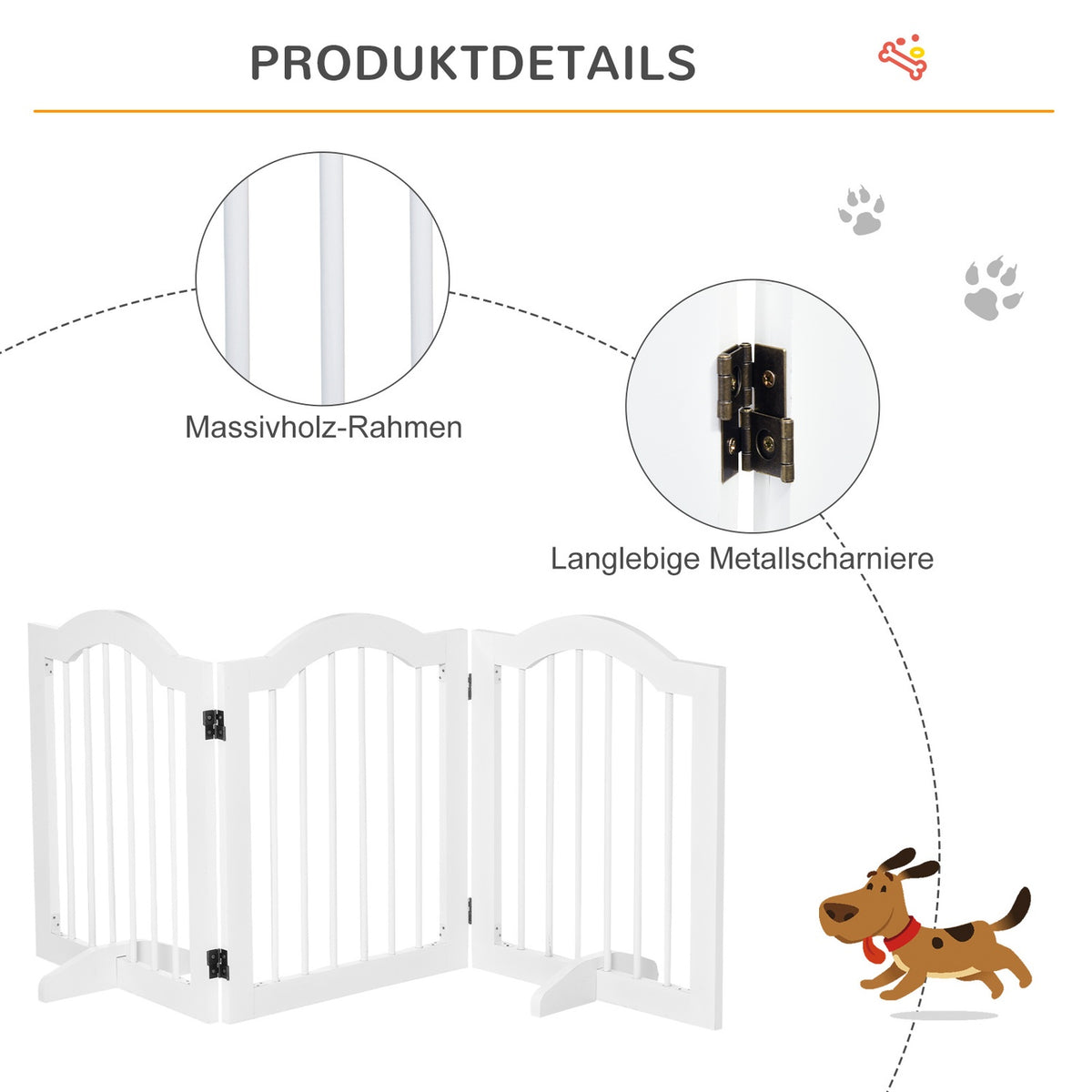 Dog barrier protective gate dog gate configuration gate 3-part with two support feet stable foldable MDF white 154.5x29.5x61 cm