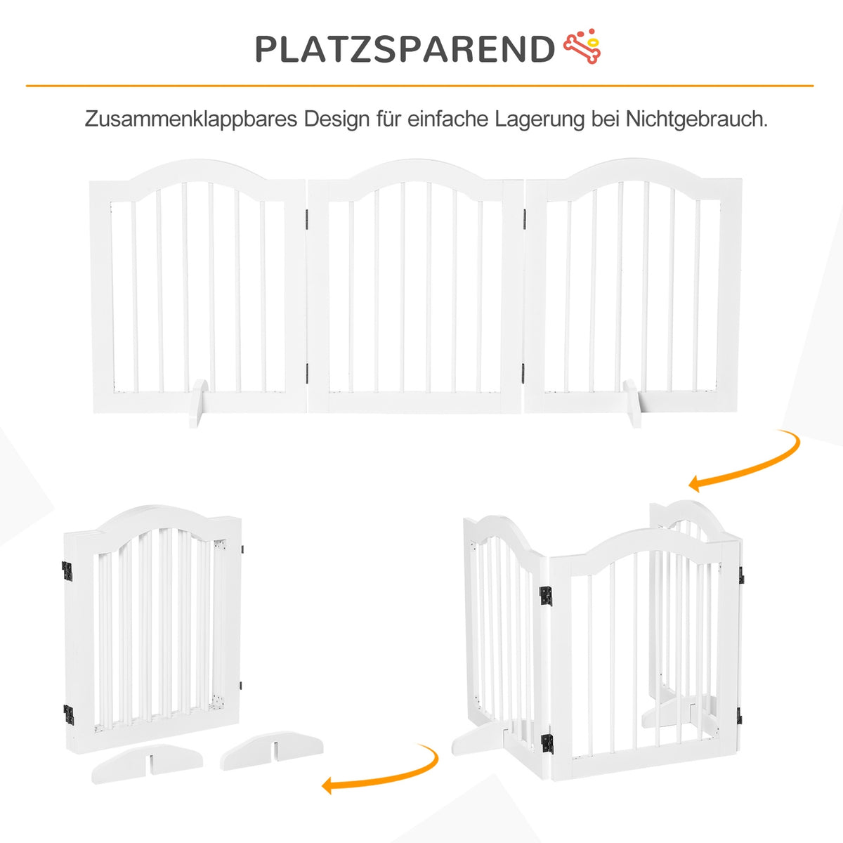 Dog barrier protective gate dog gate configuration gate 3-part with two support feet stable foldable MDF white 154.5x29.5x61 cm