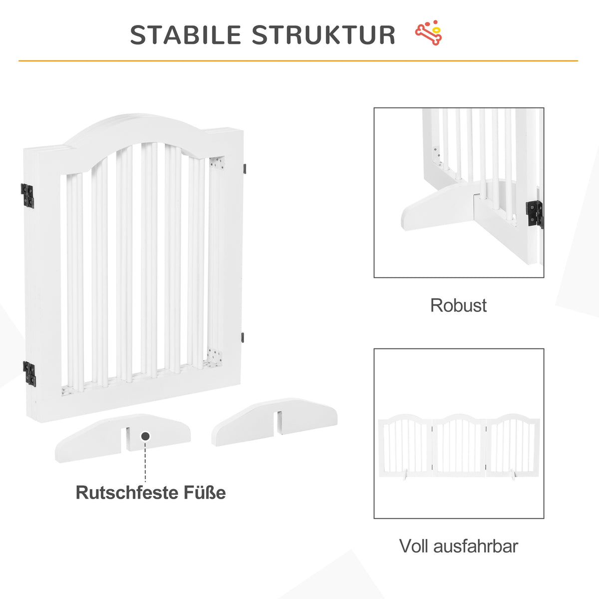 Dog barrier protective gate dog gate configuration gate 3-part with two support feet stable foldable MDF white 154.5x29.5x61 cm