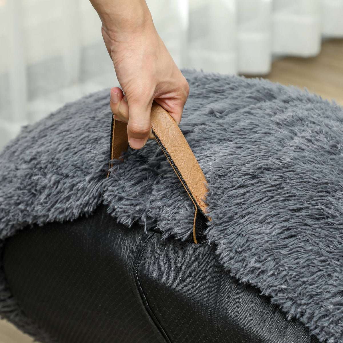 Dog bed, cat bed with washable covers, handle, cozy dog cushion for dogs and people, non-slip, plush, dark gray