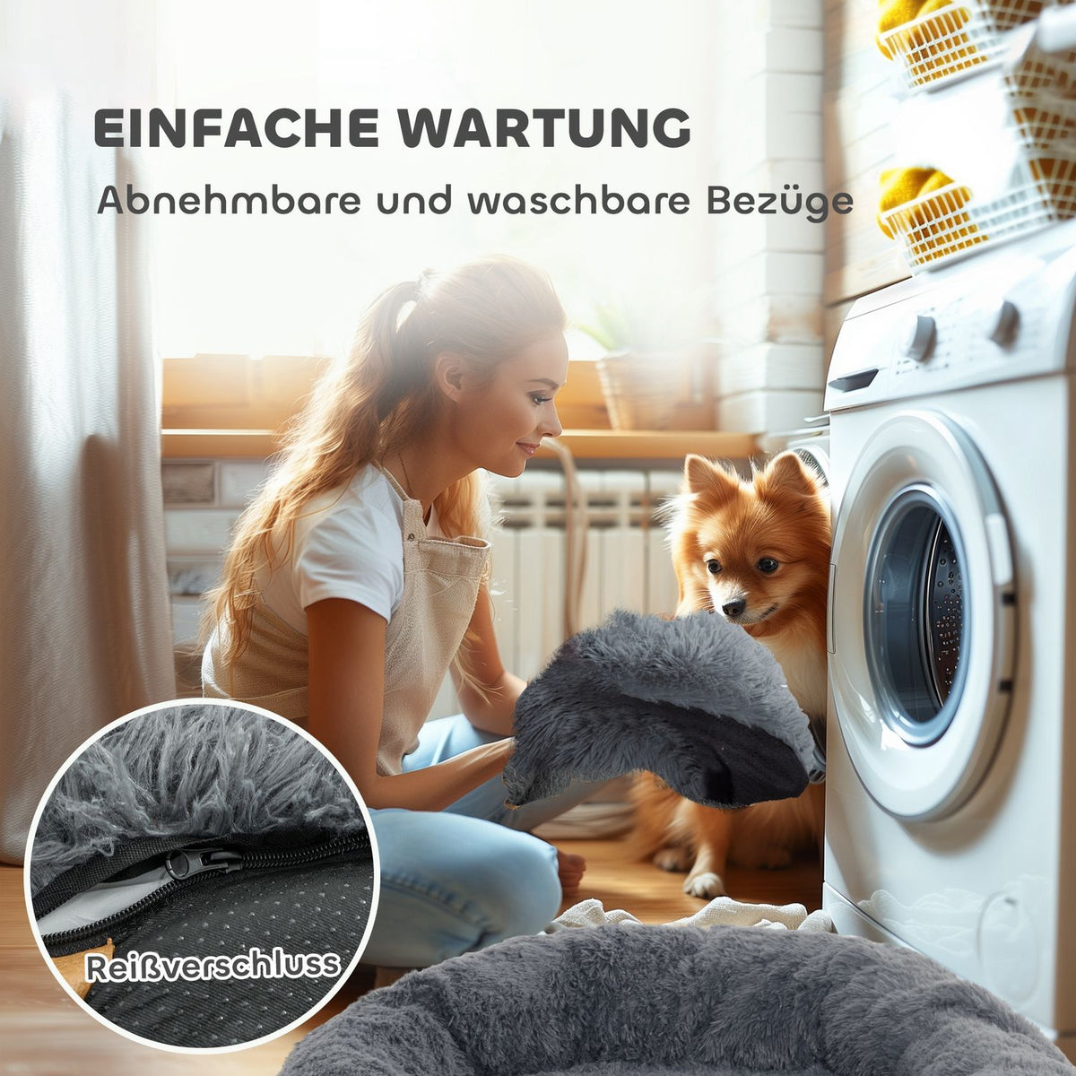 Dog bed, cat bed with washable covers, handle, cozy dog cushion for dogs and people, non-slip, plush, dark gray