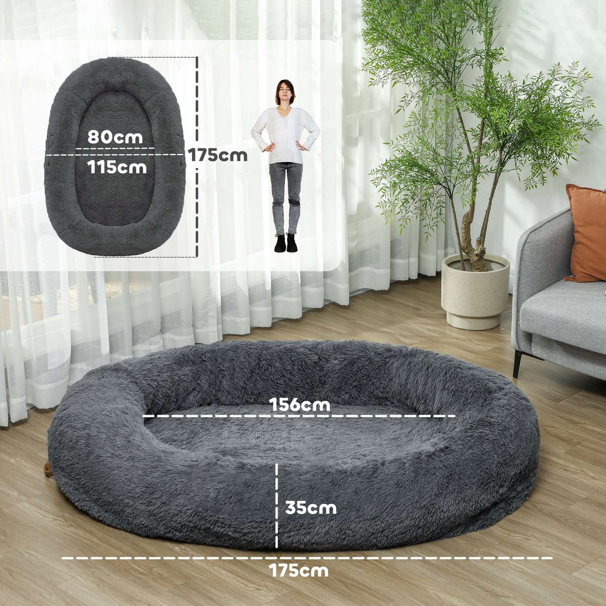 Dog bed, cat bed with washable covers, handle, cozy dog cushion for dogs and people, non-slip, plush, dark gray