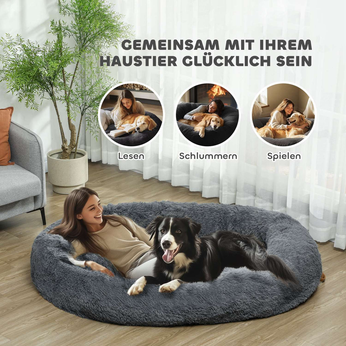 Dog bed, cat bed with washable covers, handle, cozy dog cushion for dogs and people, non-slip, plush, dark gray