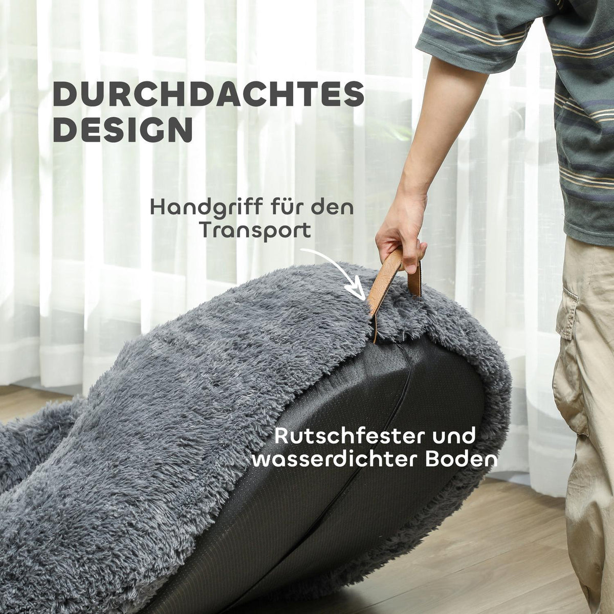 Dog bed, cat bed with washable covers, handle, cozy dog cushion for dogs and people, non-slip, plush, dark gray