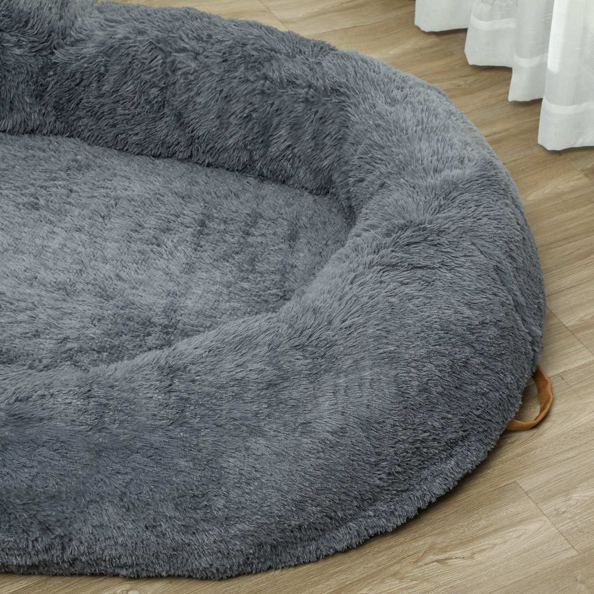Dog bed, cat bed with washable covers, handle, cozy dog cushion for dogs and people, non-slip, plush, dark gray