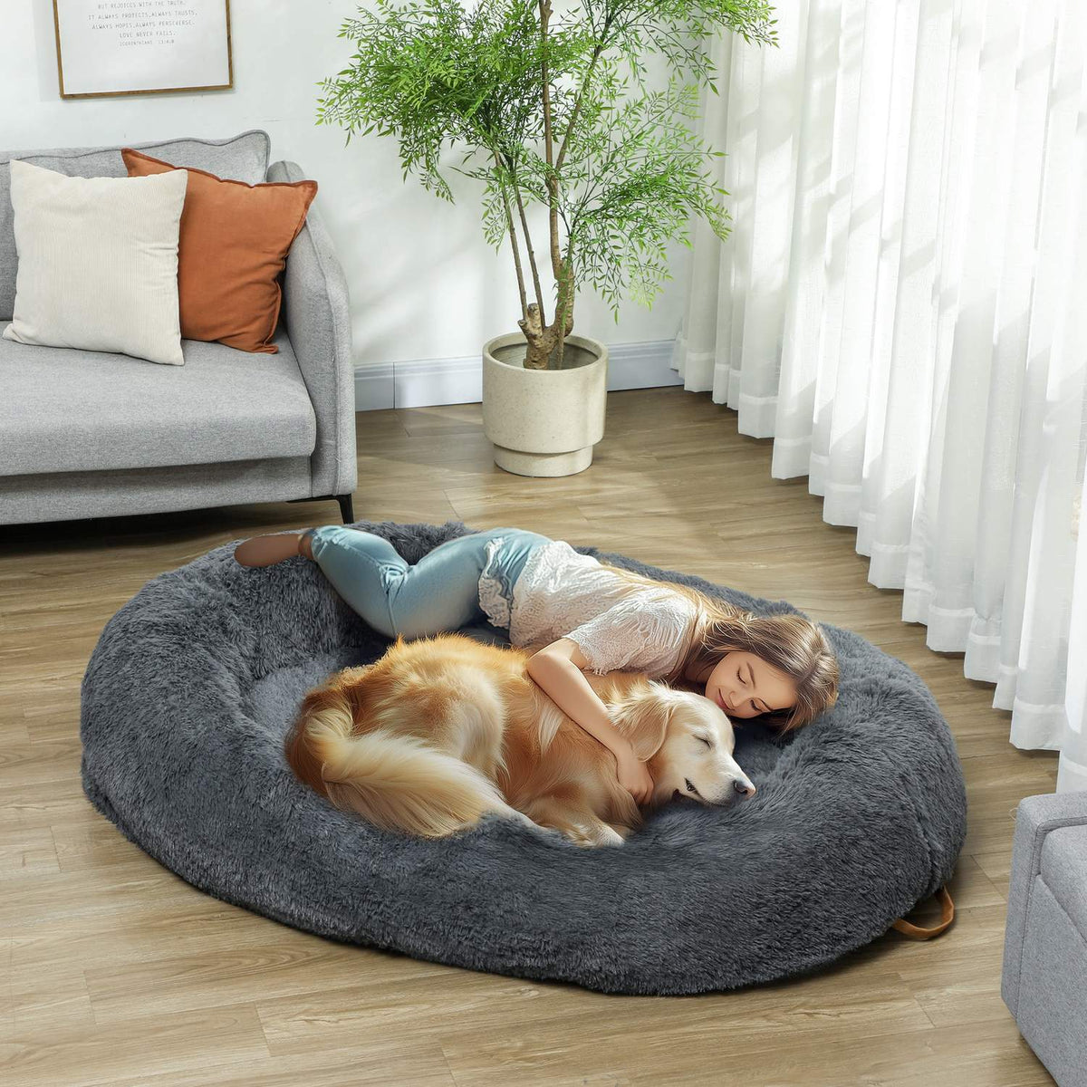 Dog bed, cat bed with washable covers, handle, cozy dog cushion for dogs and people, non-slip, plush, dark gray