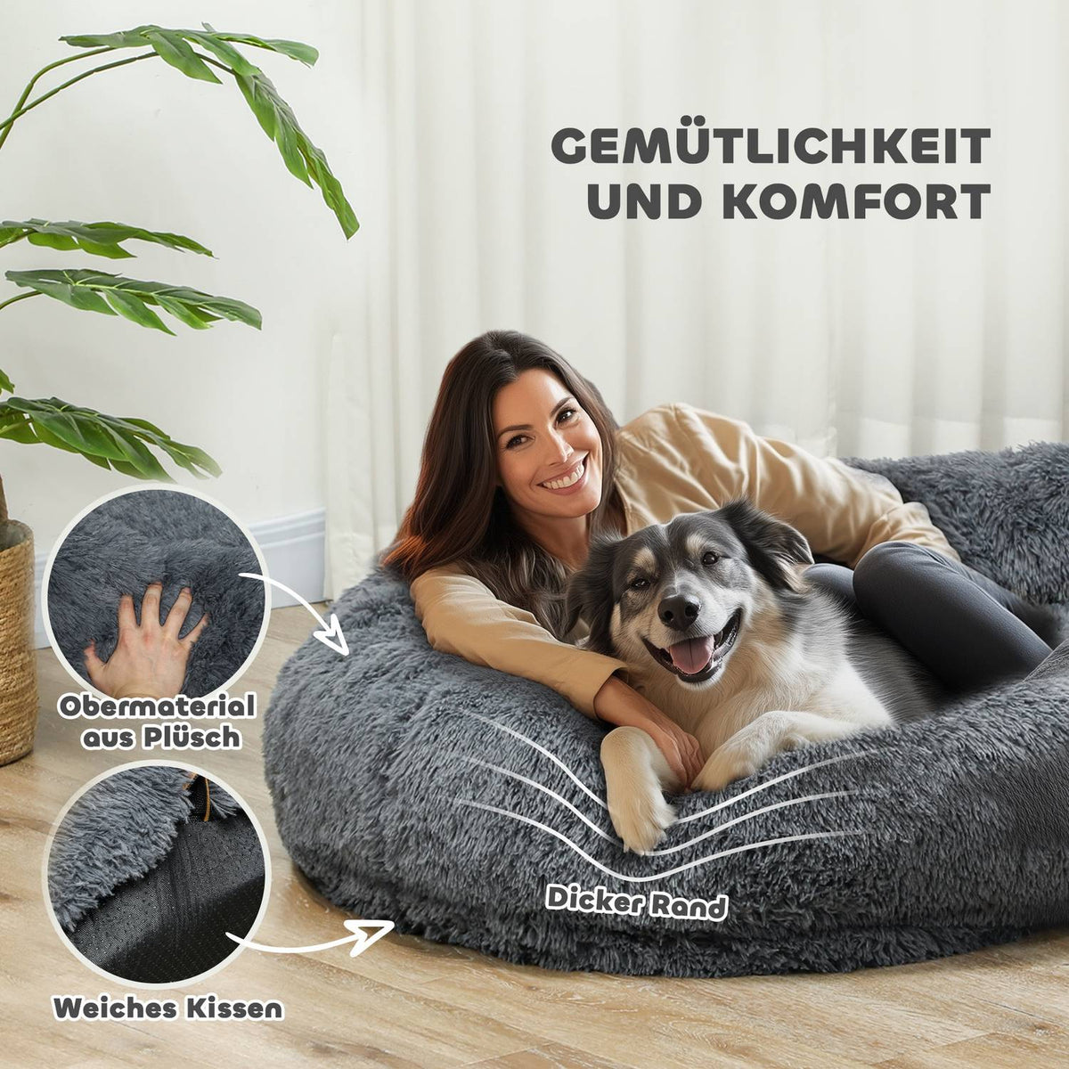 Dog bed, cat bed with washable covers, handle, cozy dog cushion for dogs and people, non-slip, plush, dark gray
