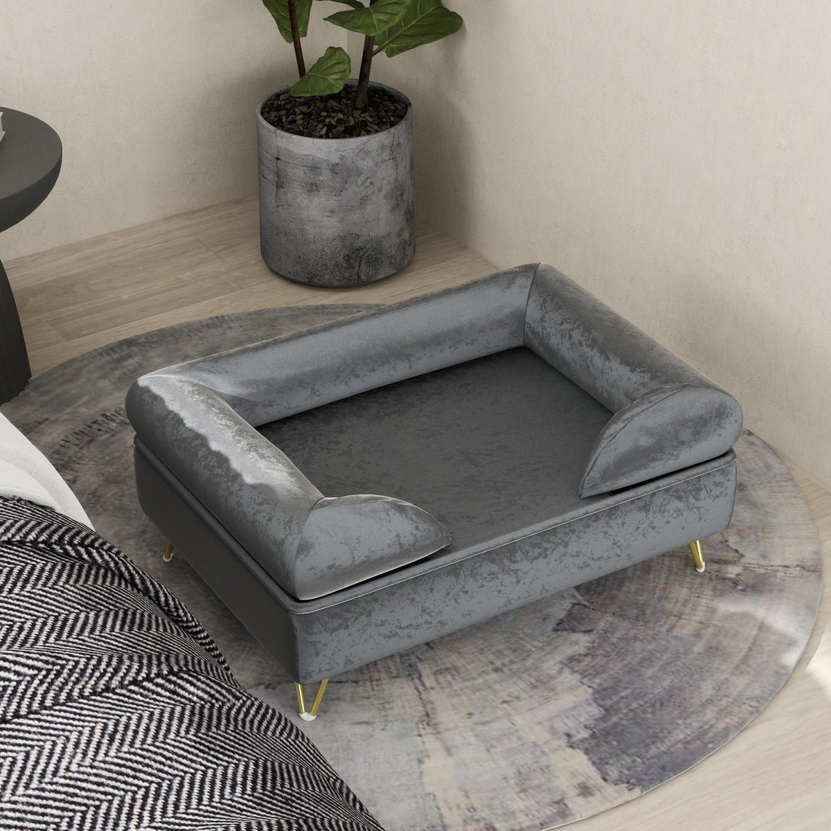 Dog bed sofa for small and medium-sized dogs, 76x53.5x34cm, load capacity 10 kg, folded backrest, metal feet, velvet, gray