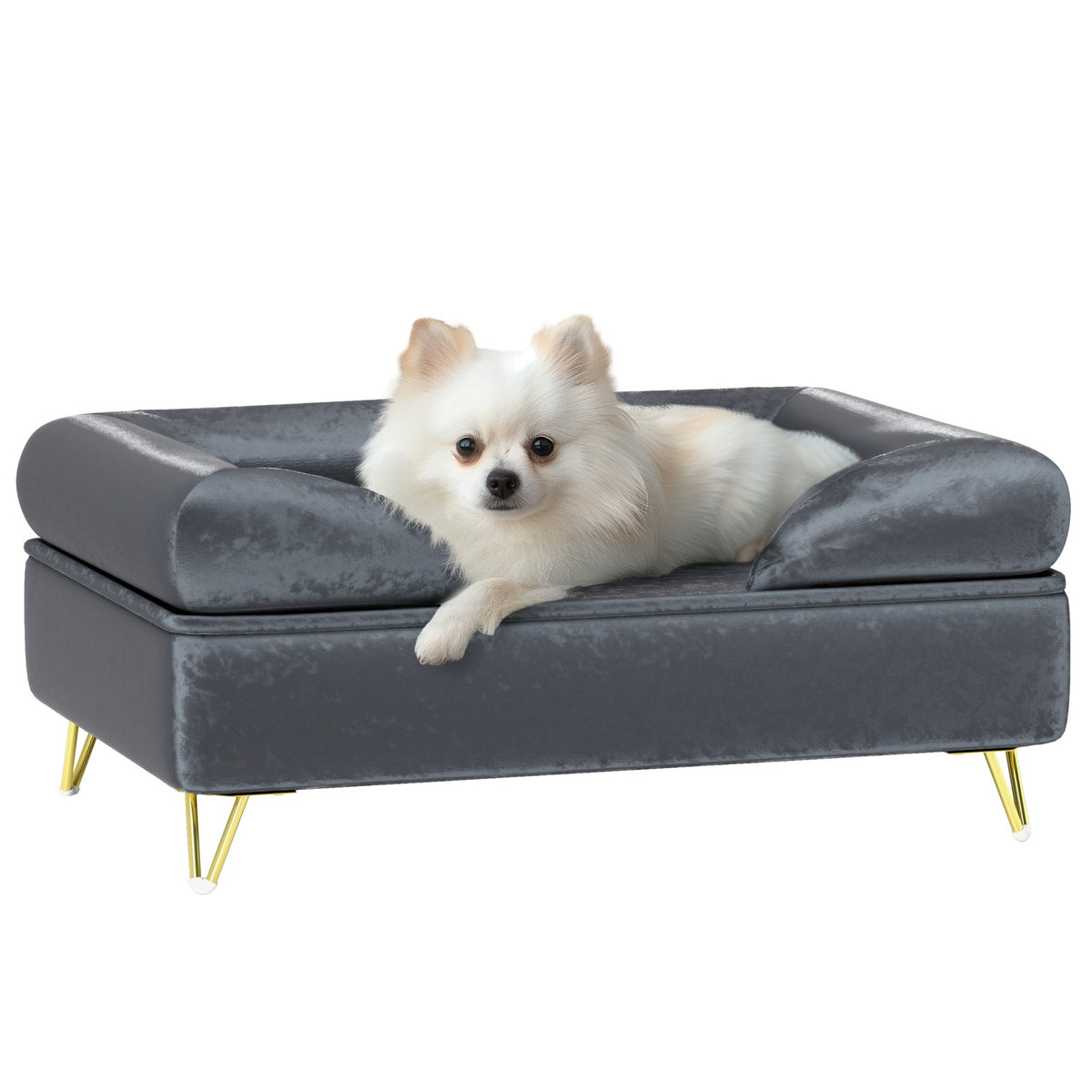 Dog bed sofa for small and medium-sized dogs, 76x53.5x34cm, load capacity 10 kg, folded backrest, metal feet, velvet, gray