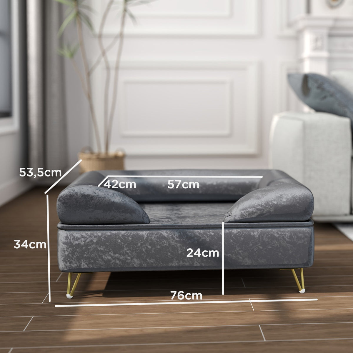 Dog bed sofa for small and medium-sized dogs, 76x53.5x34cm, load capacity 10 kg, folded backrest, metal feet, velvet, gray