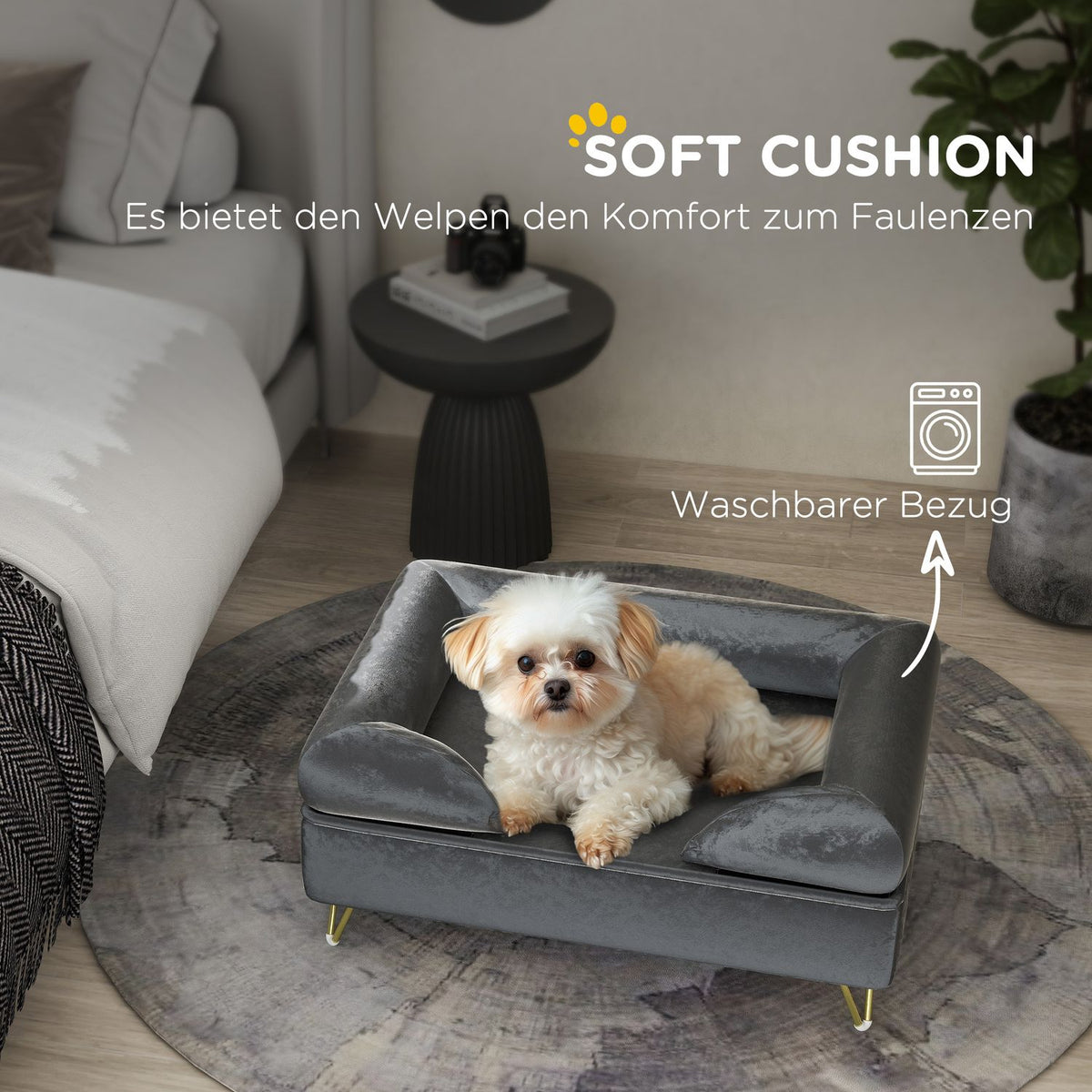 Dog bed sofa for small and medium-sized dogs, 76x53.5x34cm, load capacity 10 kg, folded backrest, metal feet, velvet, gray