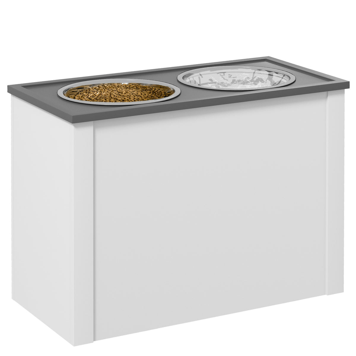 Dog bowl, dog feeding station with storage space, water bowl, bowl stand with 2 L stainless steel bowls, dog bowl stand, feeding bowl for large dogs, white