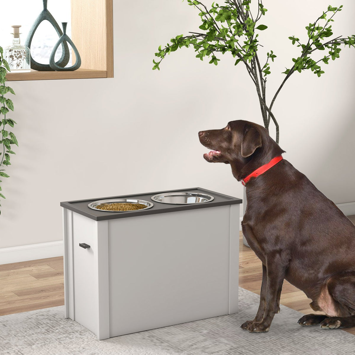Dog bowl, dog feeding station with storage space, water bowl, bowl stand with 2 L stainless steel bowls, dog bowl stand, feeding bowl for large dogs, white