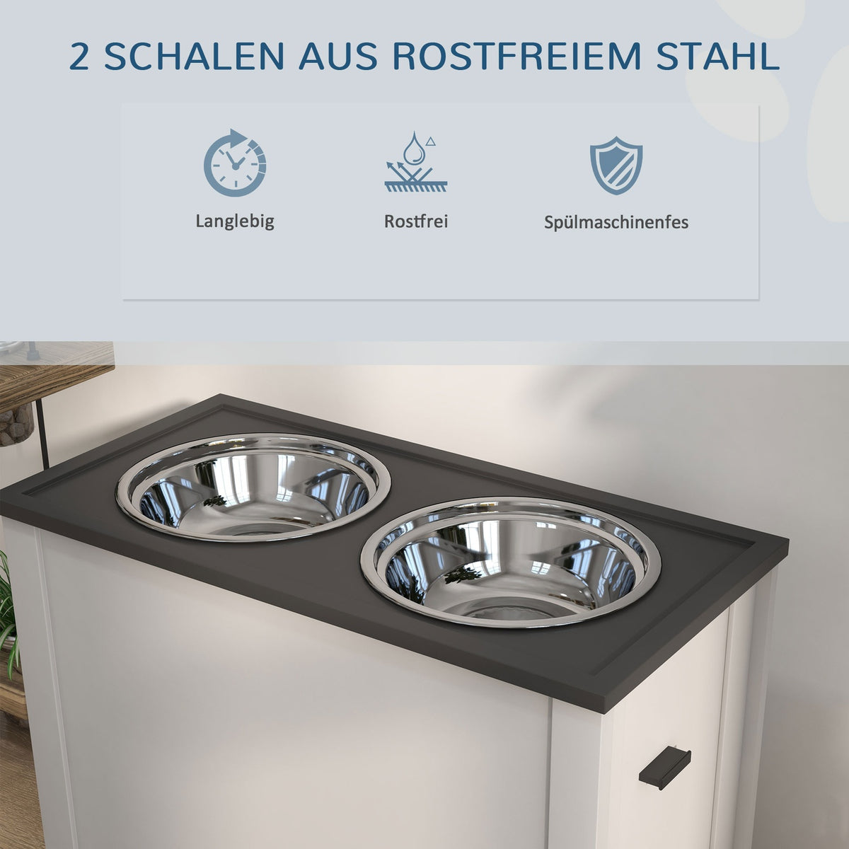 Dog bowl, dog feeding station with storage space, water bowl, bowl stand with 2 L stainless steel bowls, dog bowl stand, feeding bowl for large dogs, white