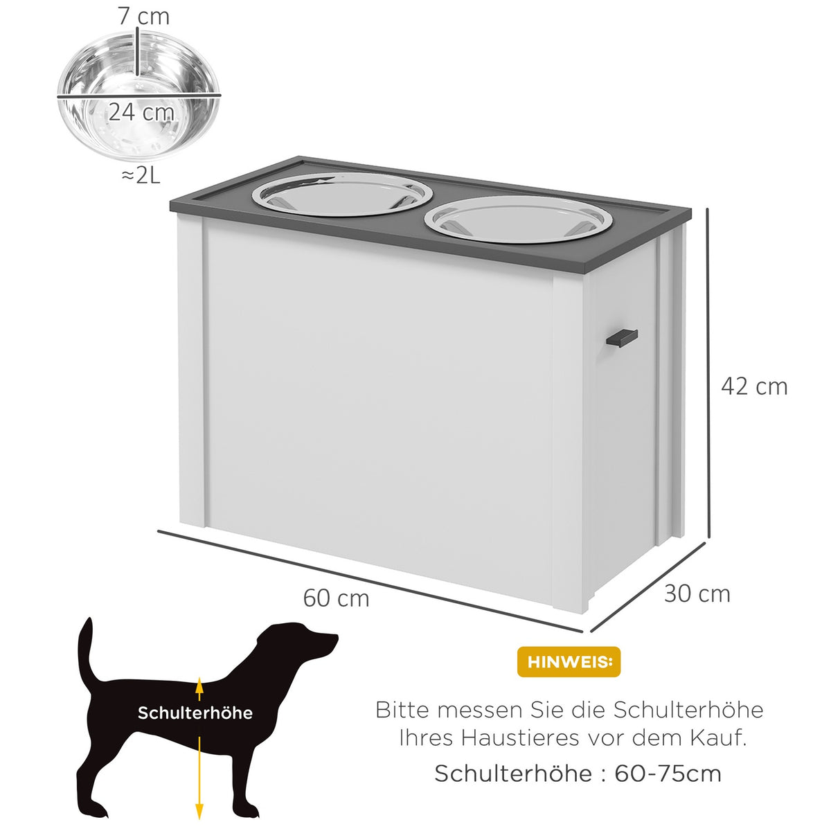 Dog bowl, dog feeding station with storage space, water bowl, bowl stand with 2 L stainless steel bowls, dog bowl stand, feeding bowl for large dogs, white