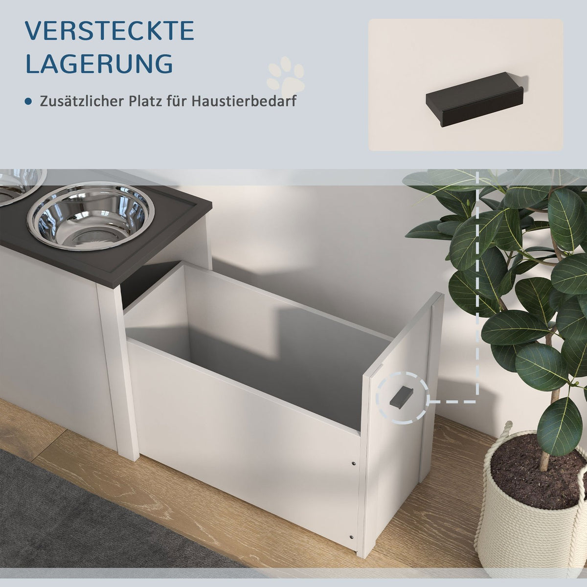 Dog bowl, dog feeding station with storage space, water bowl, bowl stand with 2 L stainless steel bowls, dog bowl stand, feeding bowl for large dogs, white