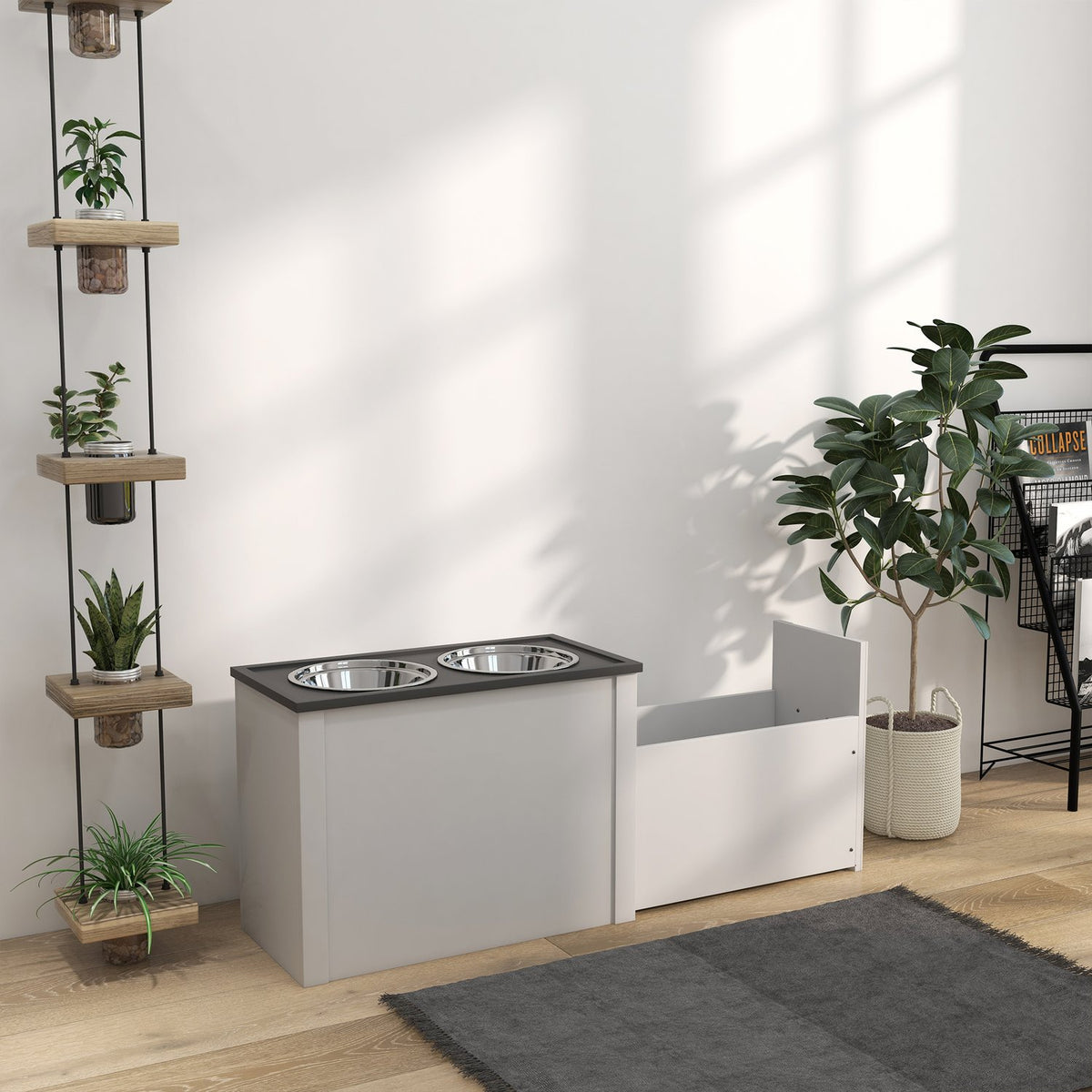 Dog bowl, dog feeding station with storage space, water bowl, bowl stand with 2 L stainless steel bowls, dog bowl stand, feeding bowl for large dogs, white