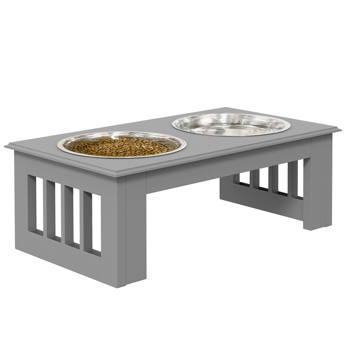 Dog bowl with 2 bowls, 0.9 L food bowl, raised cat food bowl, easy-care, stainless steel gray, 44 x 24 x 15 cm