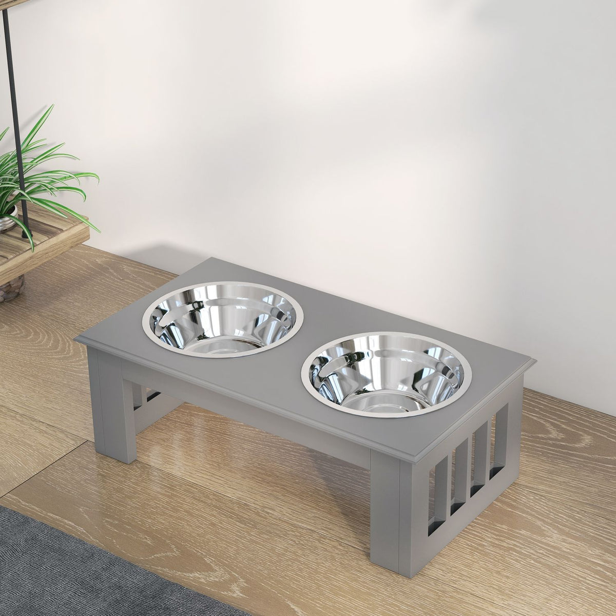 Dog bowl with 2 bowls, 0.9 L food bowl, raised cat food bowl, easy-care, stainless steel gray, 44 x 24 x 15 cm