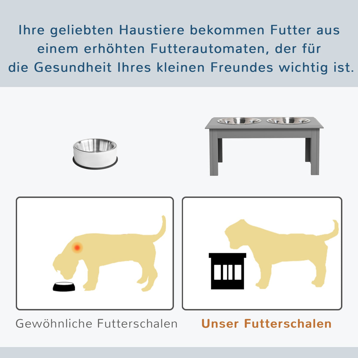 Dog bowl with 2 bowls, 2 L food bowl, raised cat food bowl, easy care, stainless steel gray, 58.4 x 30.5 x 25.4 cm