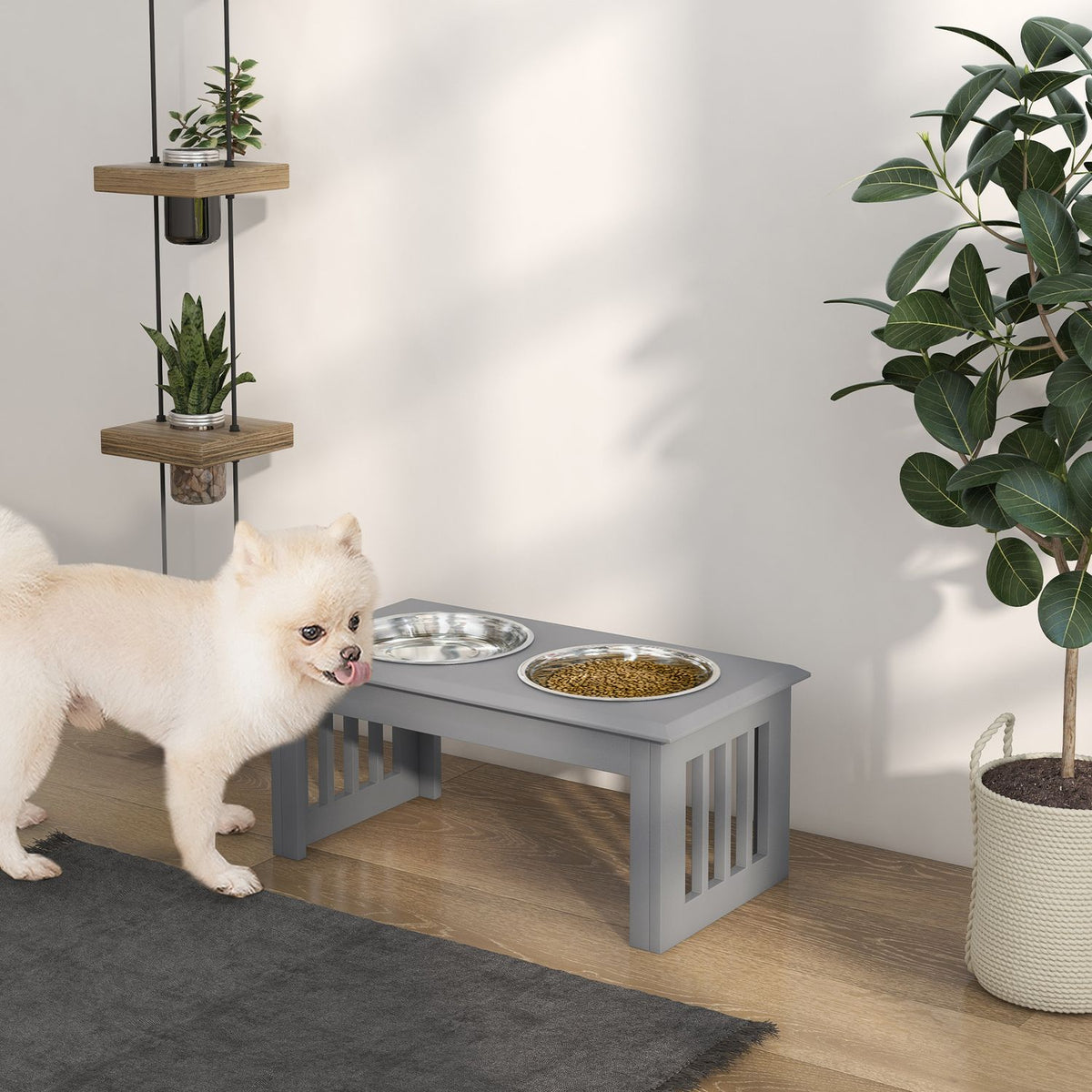 Dog bowl with 2 bowls, 2 L food bowl, raised cat food bowl, easy care, stainless steel gray, 58.4 x 30.5 x 25.4 cm