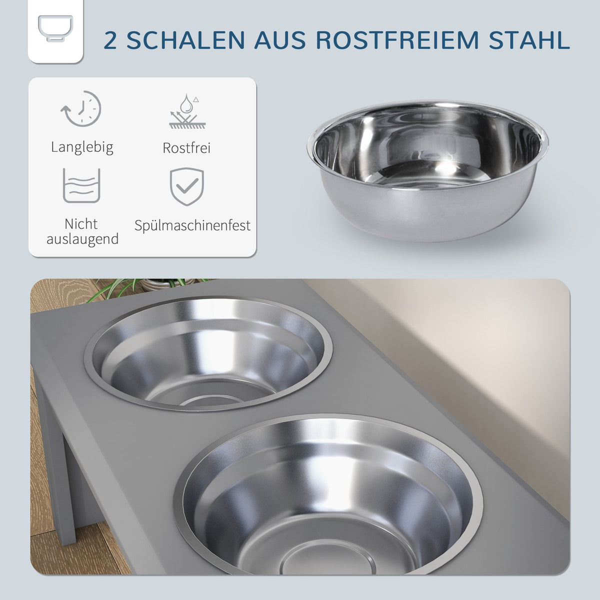 Dog bowl with 2 bowls, 2 L food bowl, raised cat food bowl, easy care, stainless steel gray, 58.4 x 30.5 x 25.4 cm