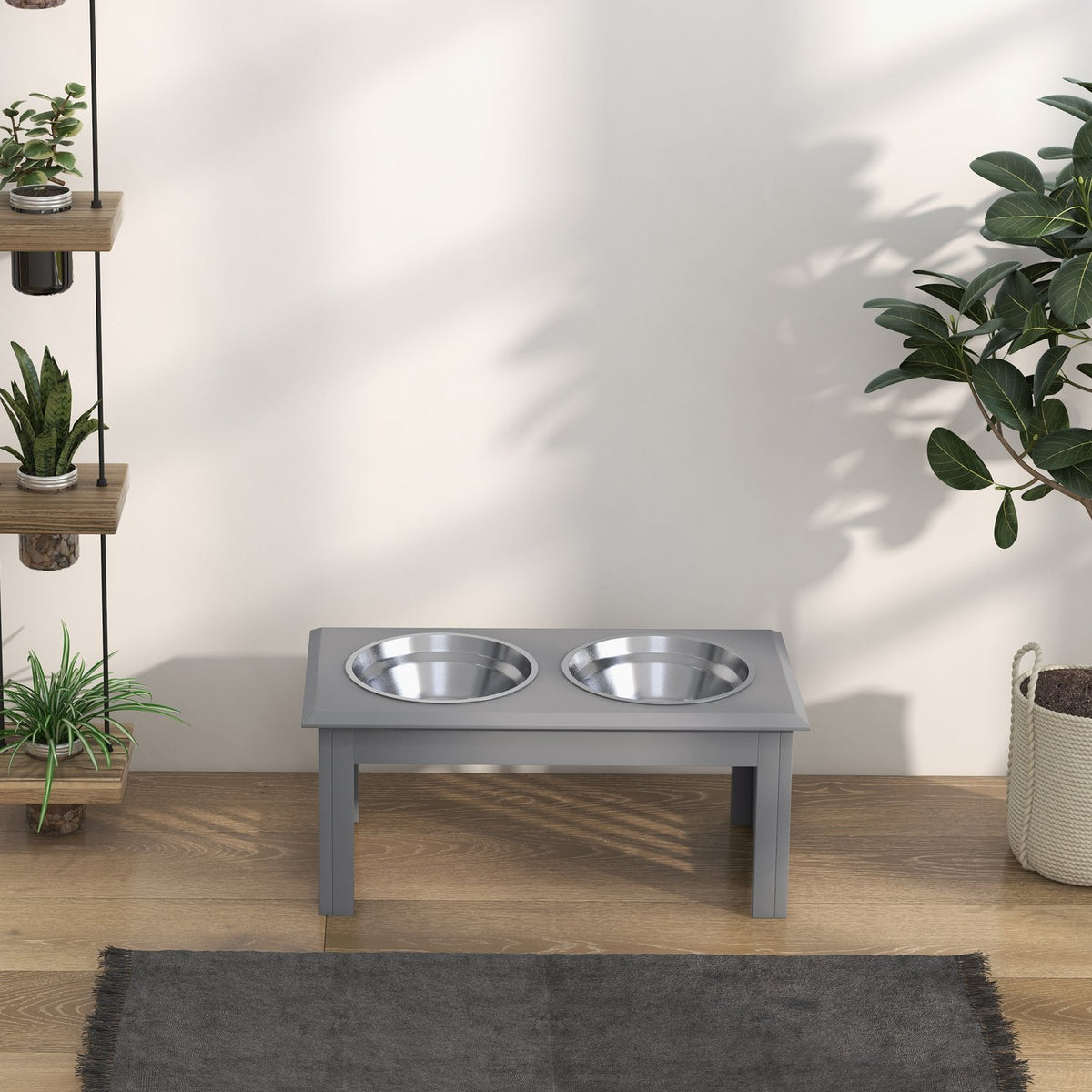 Dog bowl with 2 bowls, 2 L food bowl, raised cat food bowl, easy care, stainless steel gray, 58.4 x 30.5 x 25.4 cm