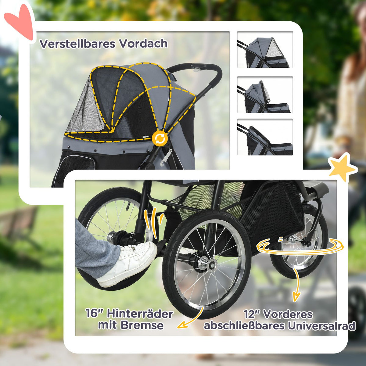 Dog buggy cat buggy foldable with reflectors, storage basket, sun protection & mesh window, Oxford gray