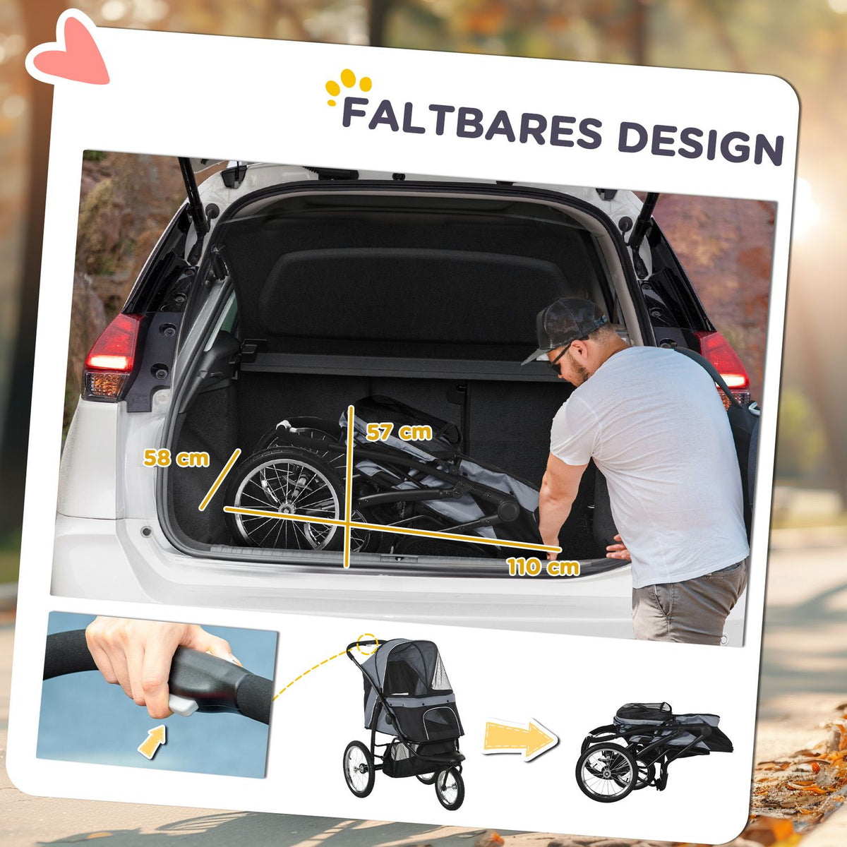 Dog buggy cat buggy foldable with reflectors, storage basket, sun protection & mesh window, Oxford gray