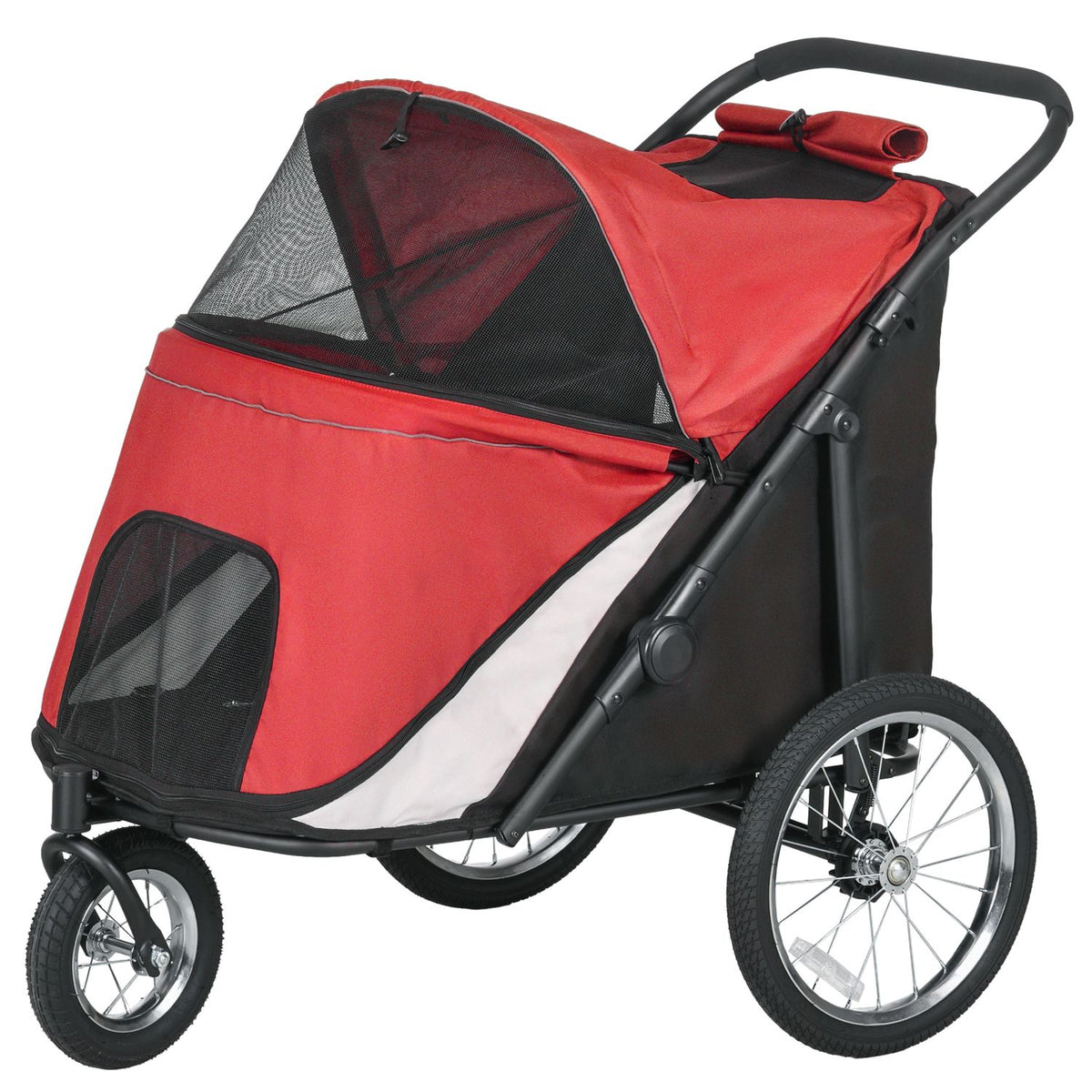 Dog buggy, foldable, with reclining cushion, steel frame, red/black