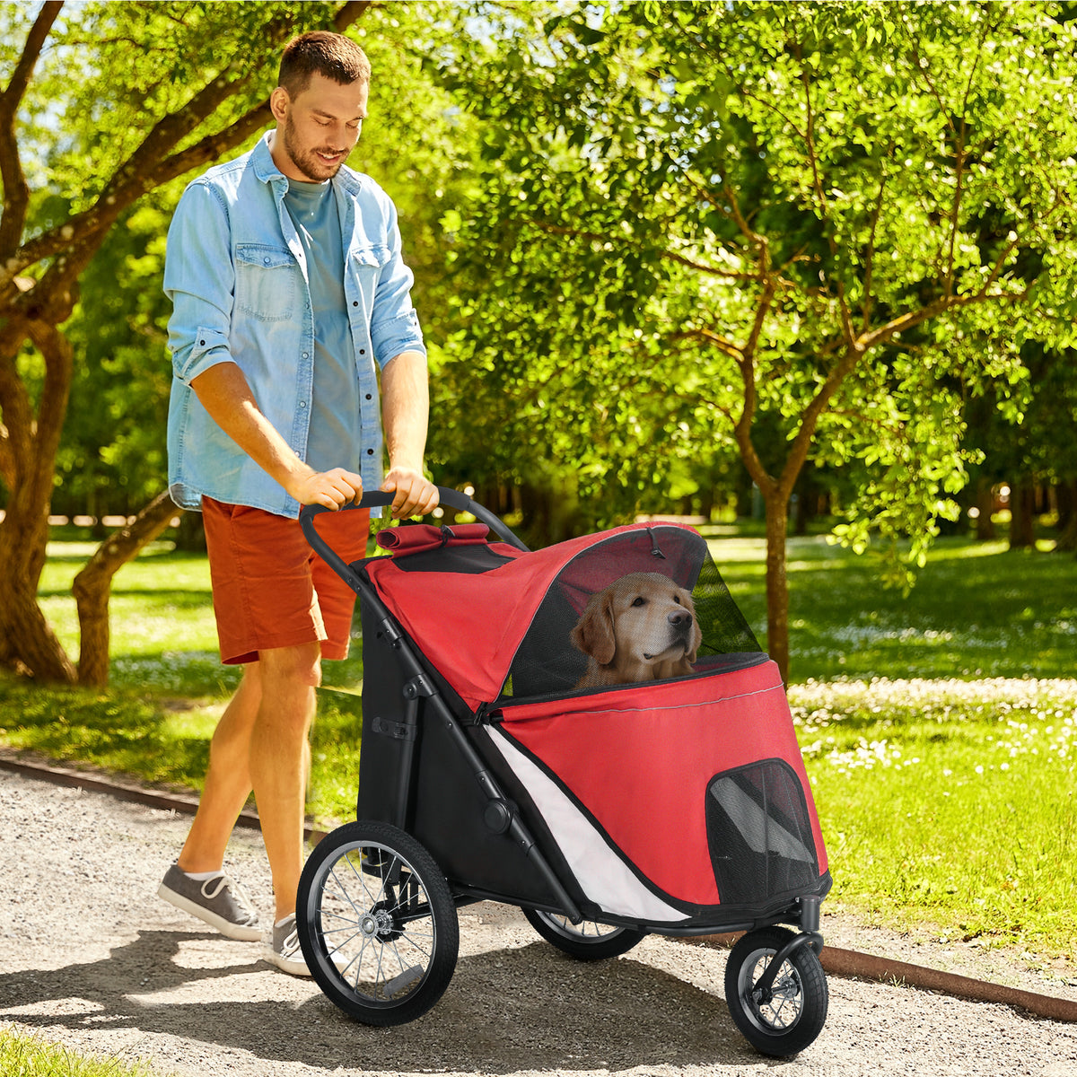 Dog buggy, foldable, with reclining cushion, steel frame, red/black