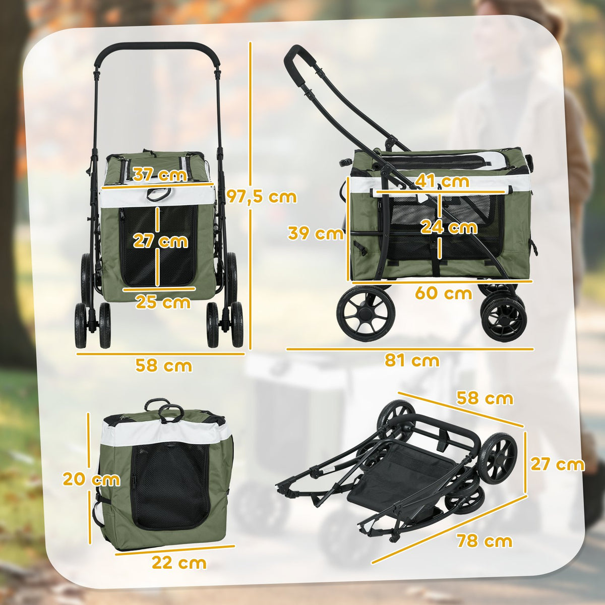 Dog buggy, pet buggy, dog cart, foldable, removable basket, 81 x 58 x 97.5 cm, black + dark green + white