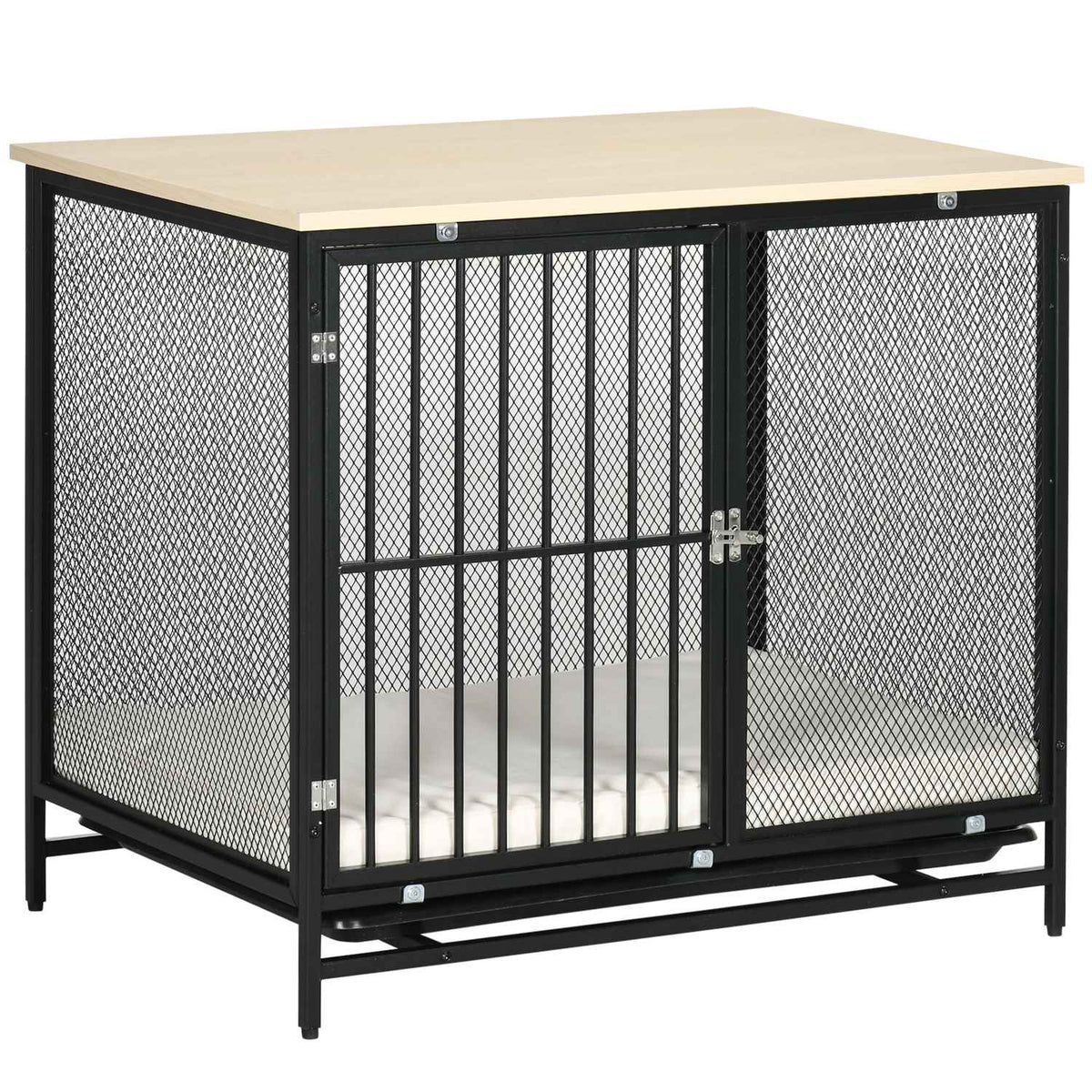 Dog cage, dog house with table top, dog house with cushion, pull-out floor tray, dog box, oak + black, 80 x 55 x 71 cm
