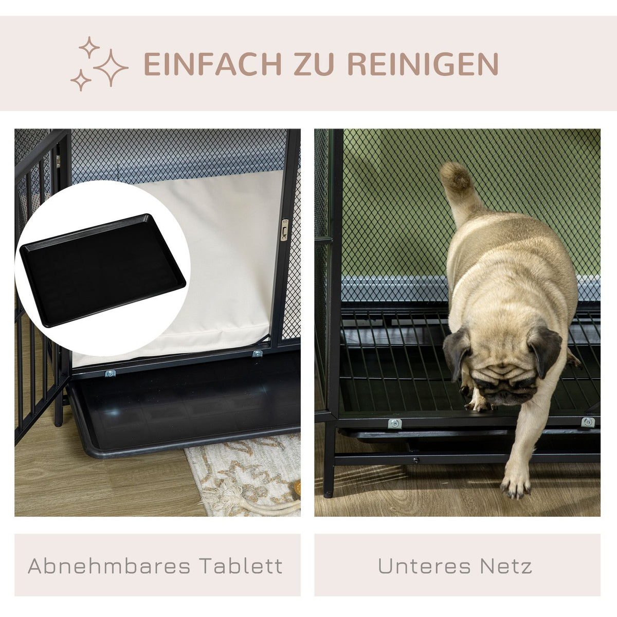 Dog cage, dog house with table top, dog house with cushion, pull-out floor tray, dog box, oak + black, 80 x 55 x 71 cm