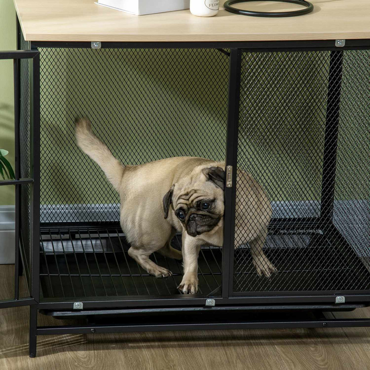 Dog cage, dog house with table top, dog house with cushion, pull-out floor tray, dog box, oak + black, 80 x 55 x 71 cm