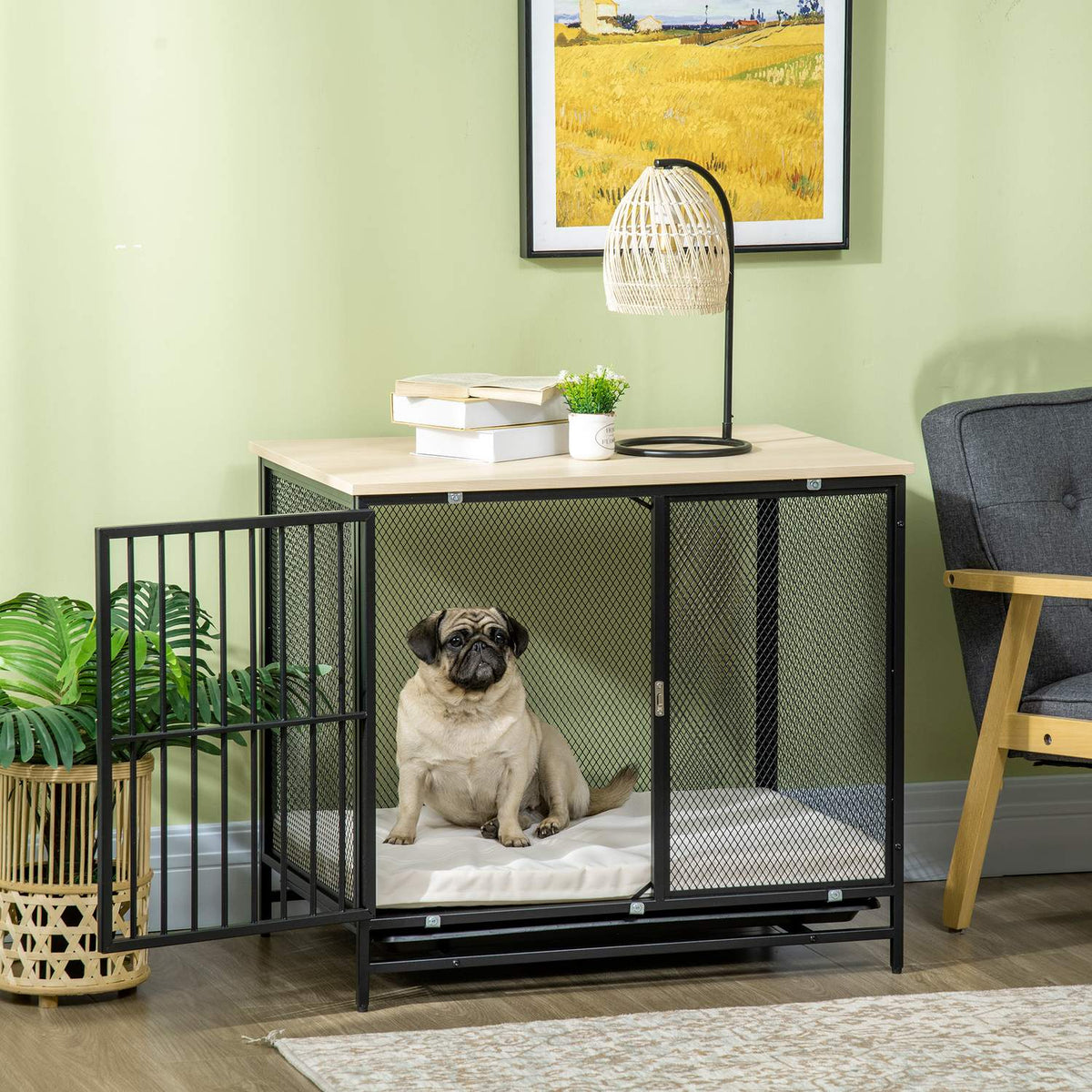 Dog cage, dog house with table top, dog house with cushion, pull-out floor tray, dog box, oak + black, 80 x 55 x 71 cm