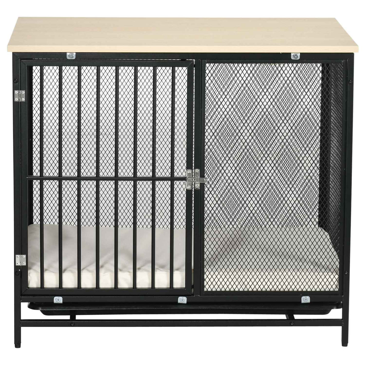 Dog cage, dog house with table top, dog house with cushion, pull-out floor tray, dog box, oak + black, 80 x 55 x 71 cm