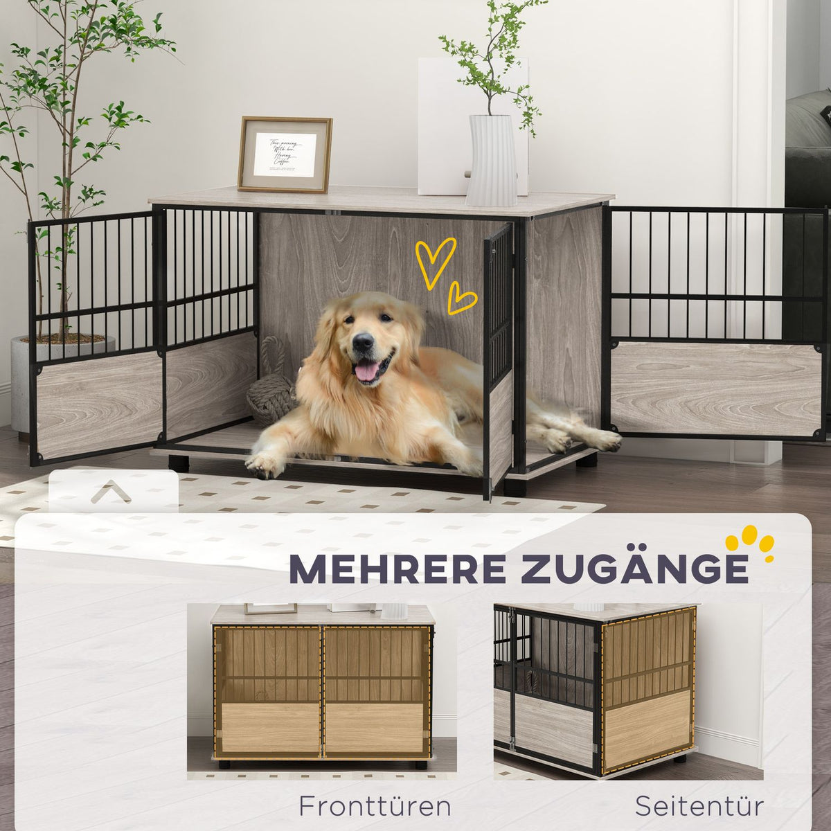 Dog cage for home, dog house, non-slip pet cage, dog box with doors, dog house for up to large dogs, walnut, 100x60x68cm
